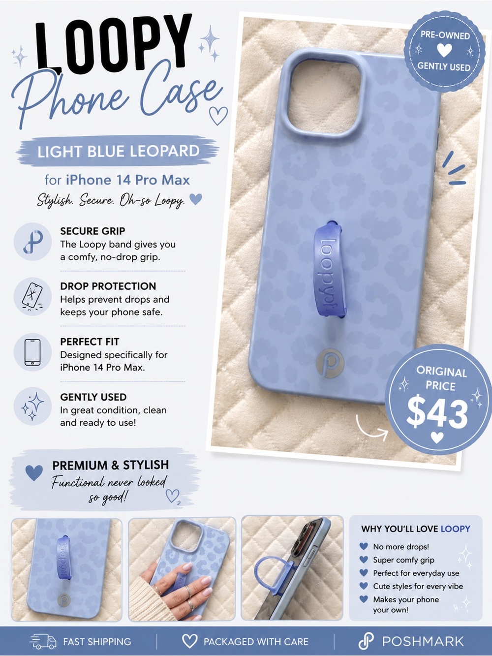 Loopy Case Light Blue Leopard Phone Case with Blue Loop for iPhone 14 Pro Max